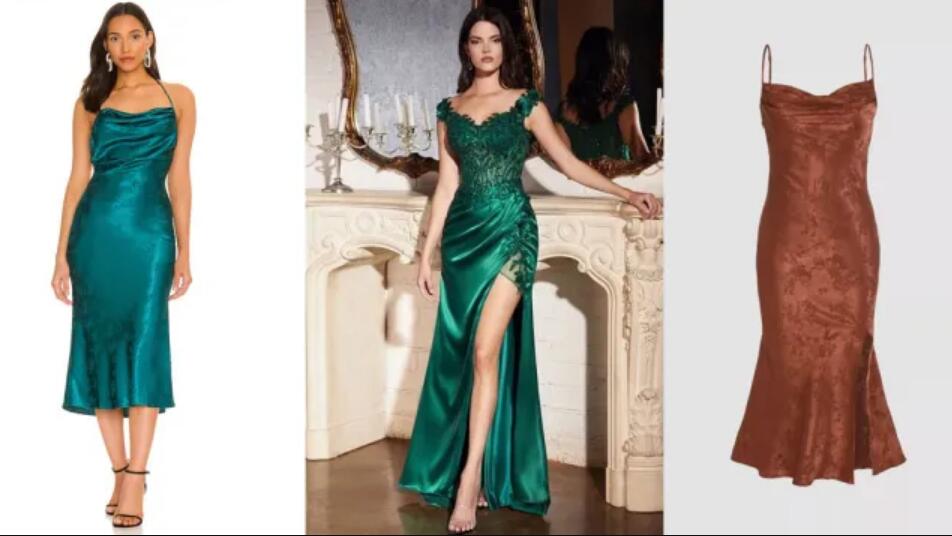 Subtle floral patterned satin bridesmaid dresses – mermaid midi-dress